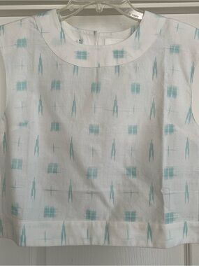 Sleeveless White Top with Aqua Ikat Print